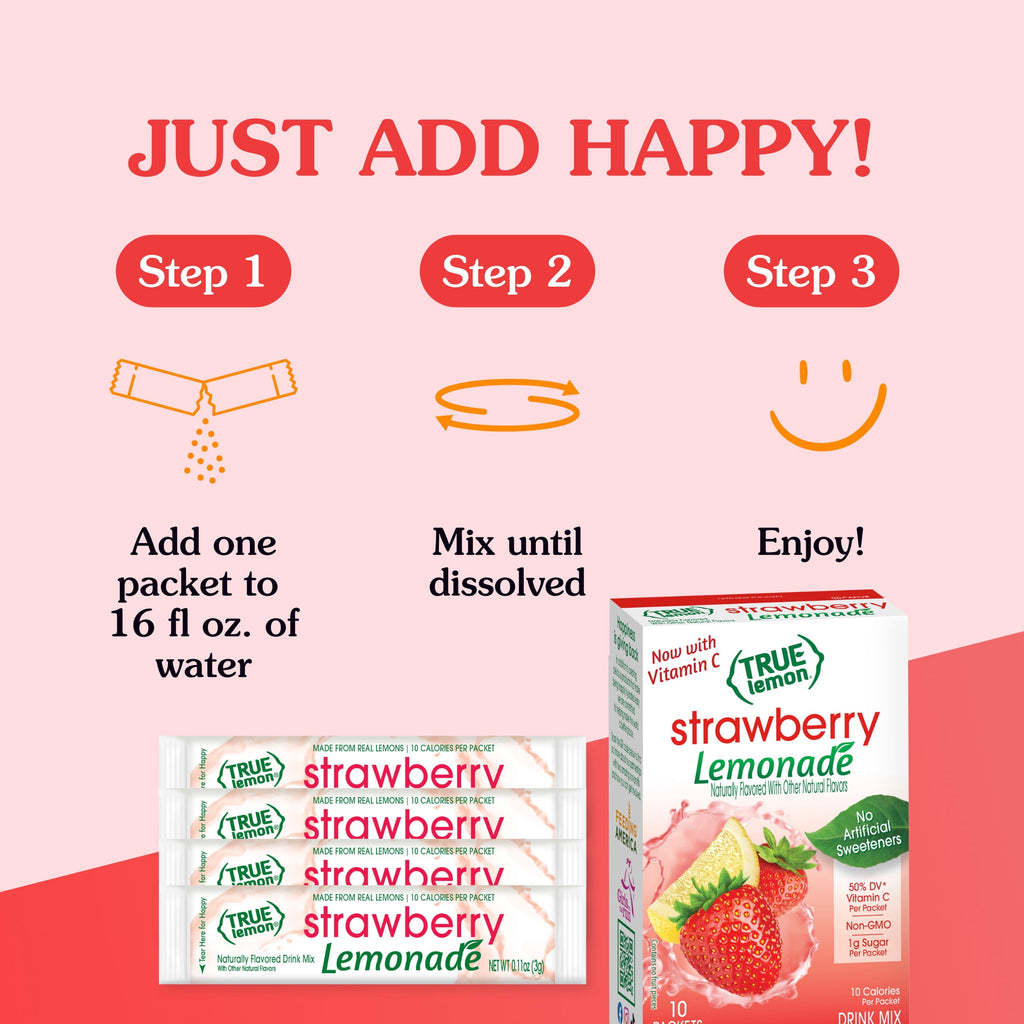 True Lemon Strawberry Lemonade Drink Mix Powder, No Artificial Sweeteners, 1.06 oz., 10 Count Box