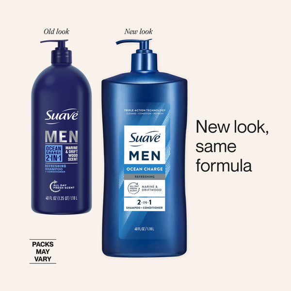 Suave Men Ocean Charge 2-in-1 Refreshing Shampoo & Conditioner with Pro Vitamin B5, 40 FL OZ Pump