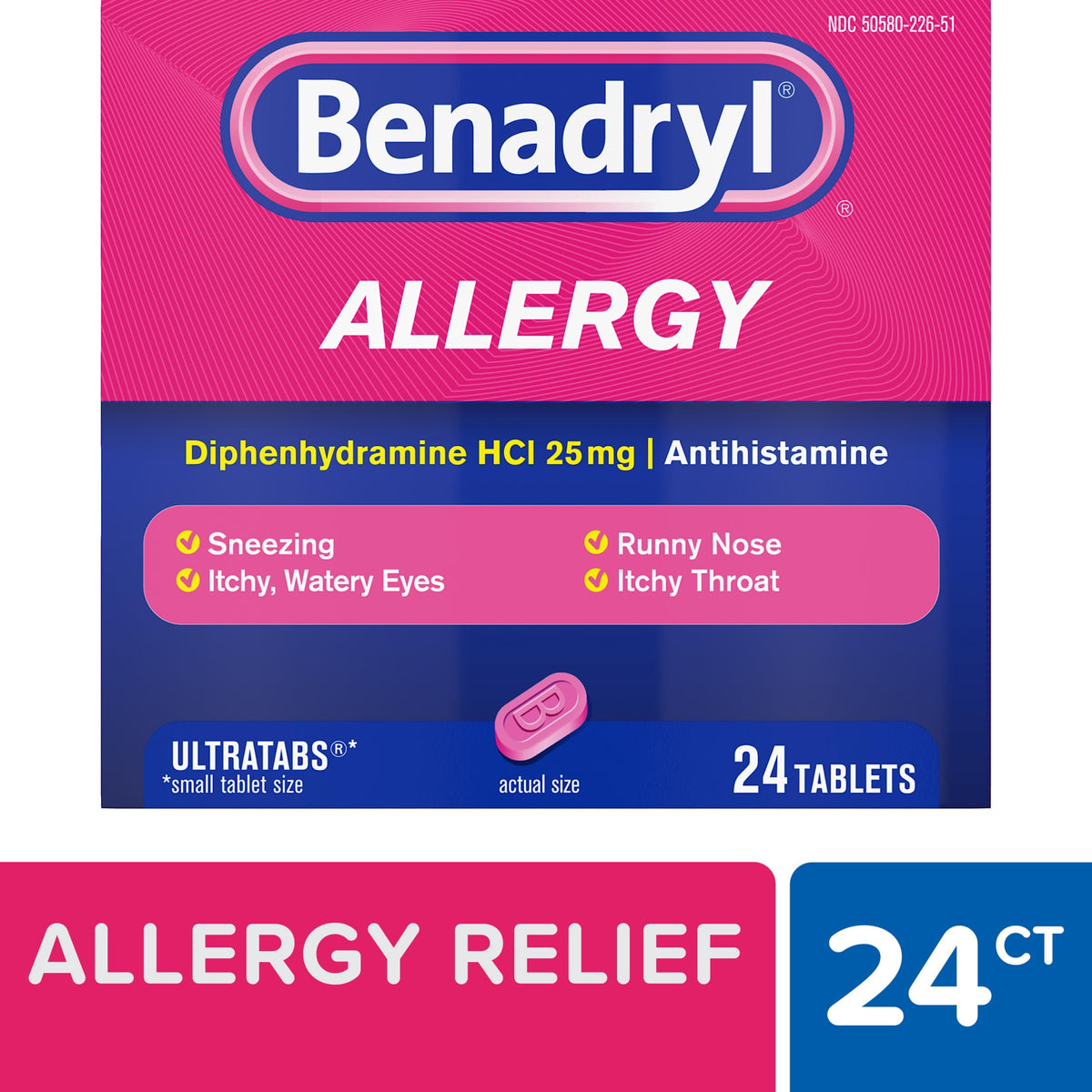 Benadryl Ultratabs Antihistamine Cold & Allergy Relief Tablets, 24 Count