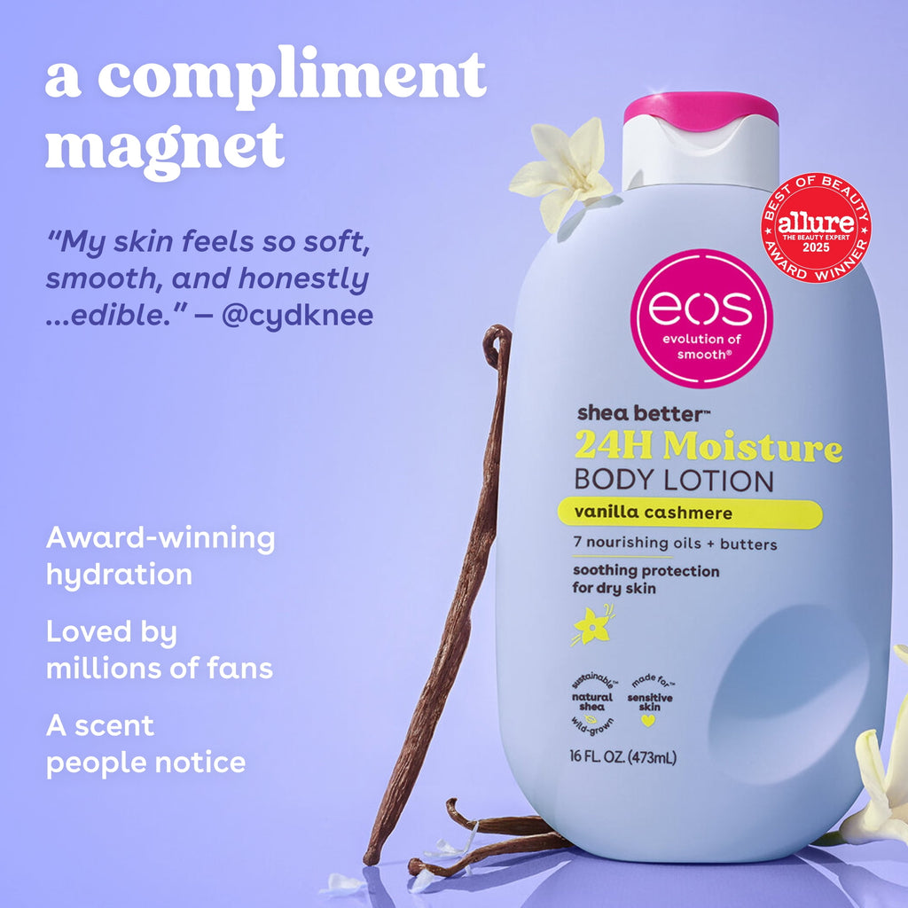 eos Vanilla Cashmere Shea Better Body Lotion, 24 Hour Moisturizing Daily Body Moisturizer for Dry Skin with Shea Butter, 16 fl oz