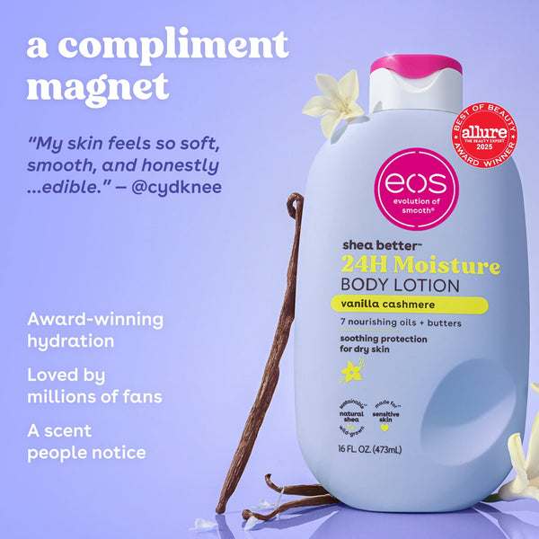 eos Vanilla Cashmere Shea Better Body Lotion, 24 Hour Moisturizing Daily Body Moisturizer for Dry Skin with Shea Butter, 16 fl oz