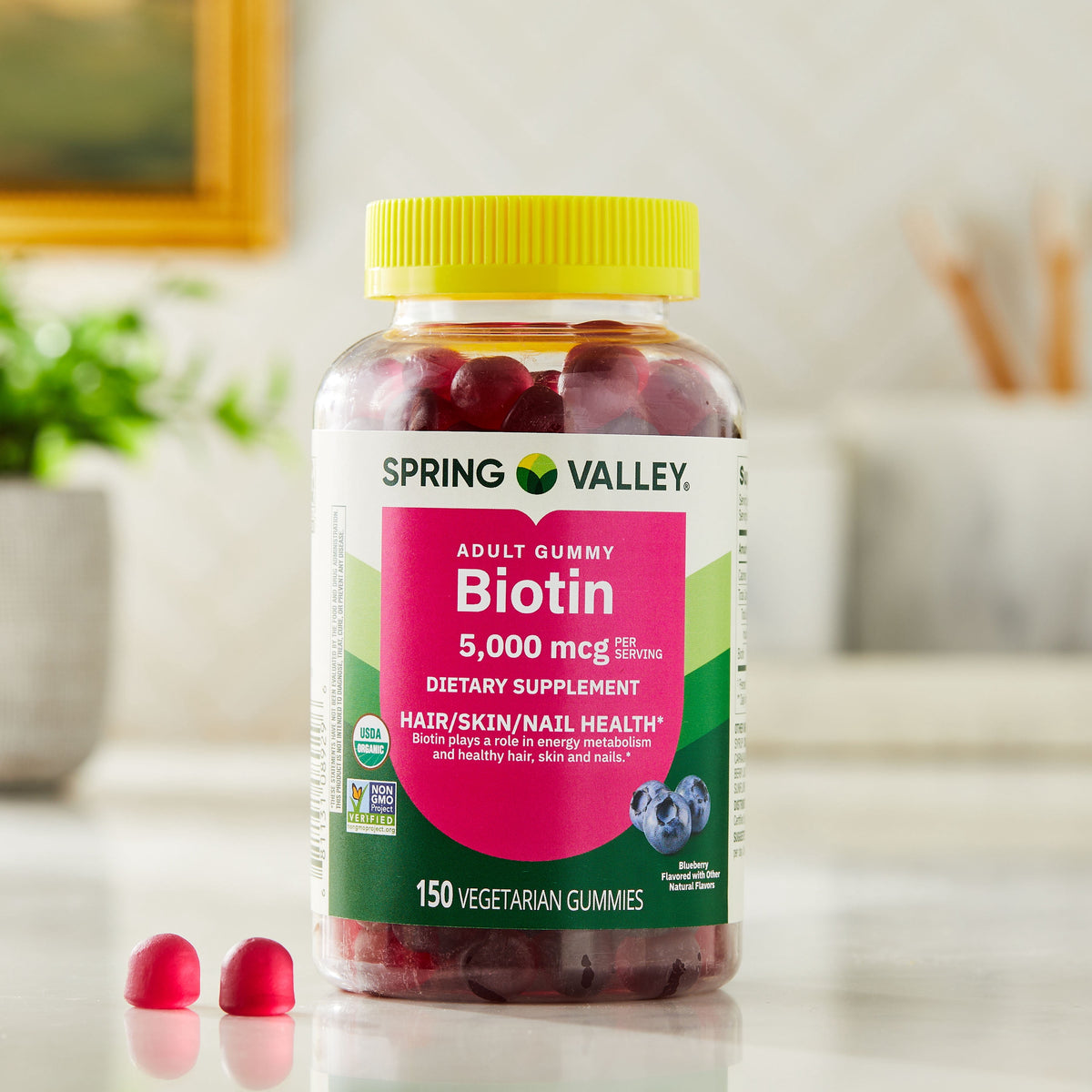 Spring Valley Organic Biotin Vegetarian Gummies, Blueberry Flavor, 5000 mcg, 150 Count
