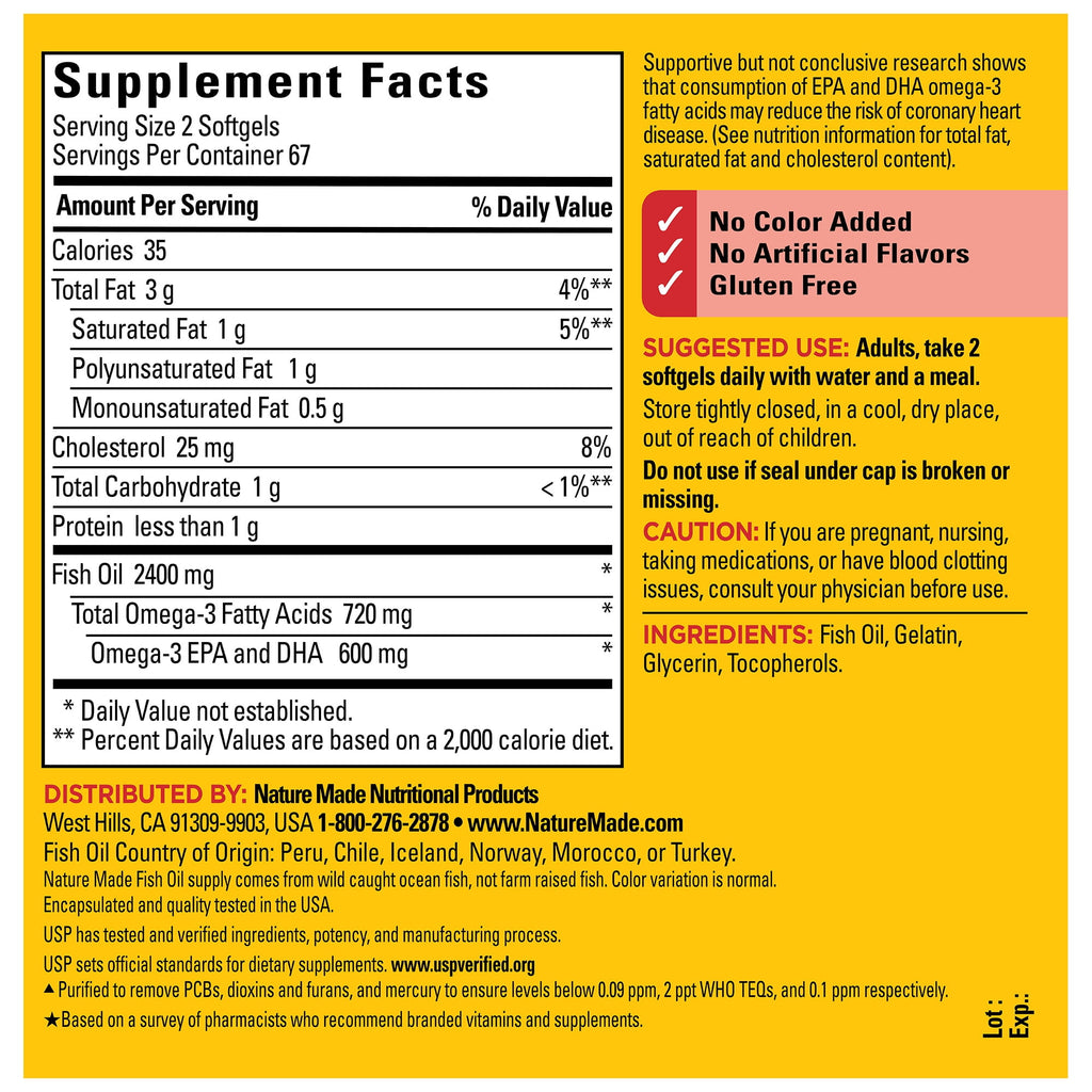 Nature Made Fish Oil 2400mg per Serving Softgels, Omega 3 Fish Oil Supplements, 134 Count