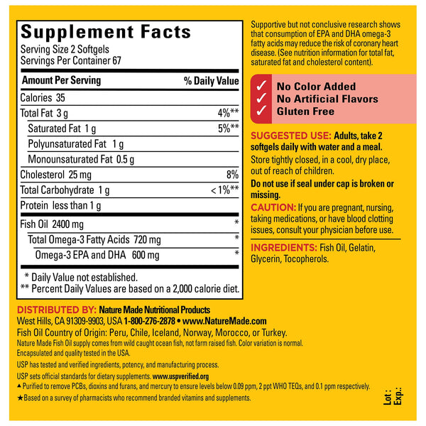 Nature Made Fish Oil 2400mg per Serving Softgels, Omega 3 Fish Oil Supplements, 134 Count
