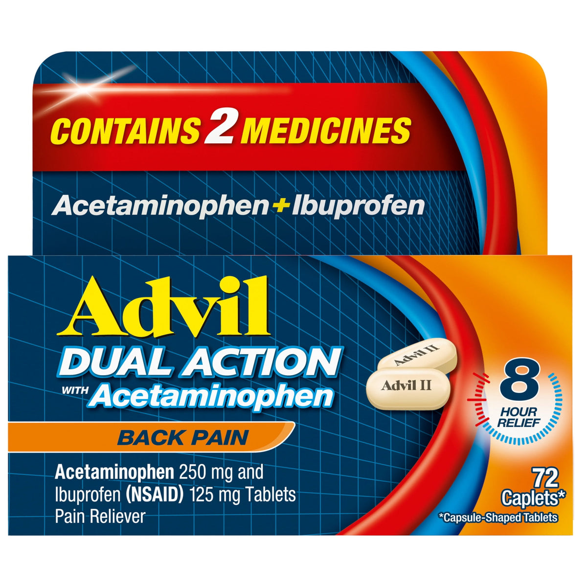 Advil Dual Action Back Pain Coated Caplets With Acetaminophen, 72 Count