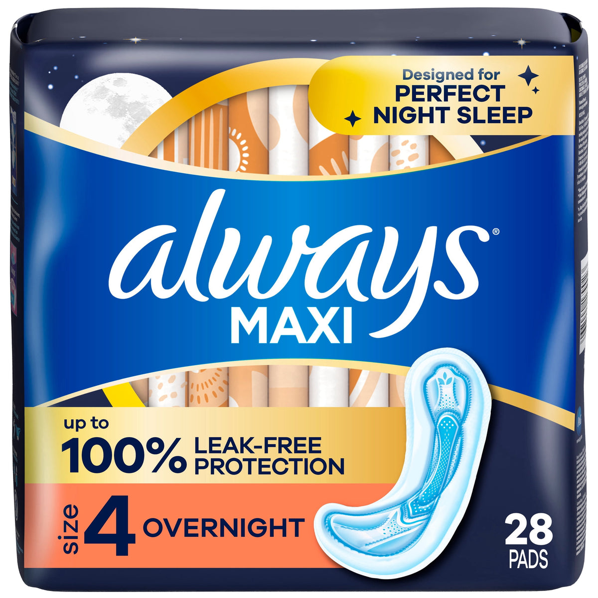 Always Maxi Pads without Wings, Size 4, Overnight Absorbency, 28 count