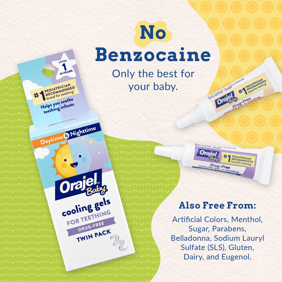Orajel Baby Teething Cooling Gels, Drug-Free Relief for Painful Gums, Day & Night, 0.18 oz, 2 Ct