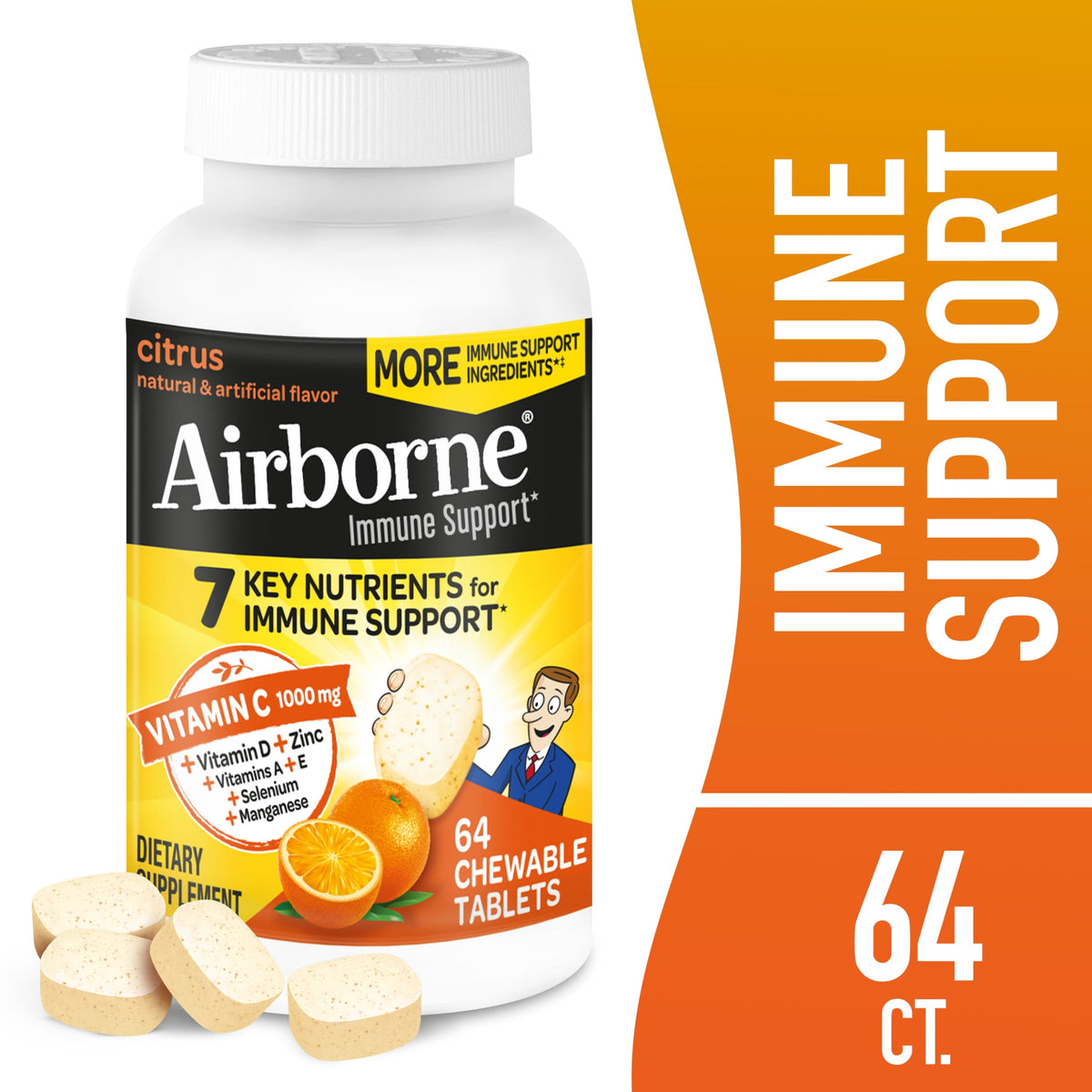 Airborne 1000mg Vitamin C Immune Support Chewable Tablets, Multivitamin Supplement, Citrus Flavor, 64 ct