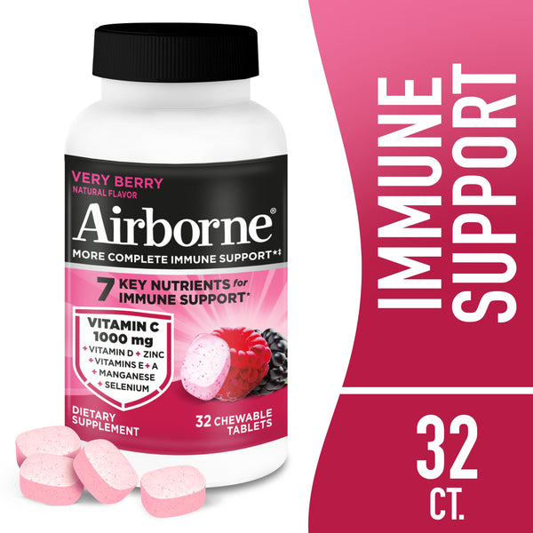Airborne 1000mg Vitamin C Immune Support Chewable Tablets, Multivitamin Supplement, Very Berry Flavor, 32 ct