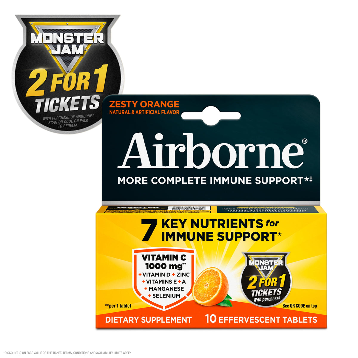 Airborne 1000mg Vitamin C Immune Support Effervescent Tablets, Zesty Orange Flavor, 10 Count