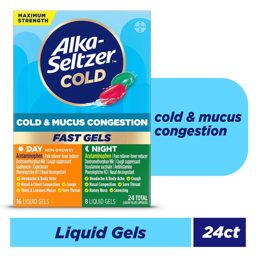 Alka-Seltzer Cold, Cold & Mucus Congestion Max Strength Day/Night Fast Gels, 24 Count