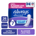 Always Discreet Adult Incontinence Pads for Women, Ultra Absorbent, Long Length, Postpartum Pads, 26 Count