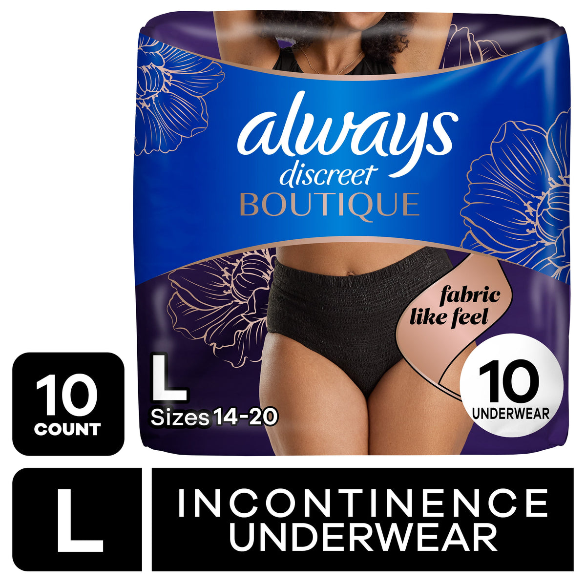 Always Discreet Boutique Incontinence Underwear, Maximum Protection, L, Black, 10 Count