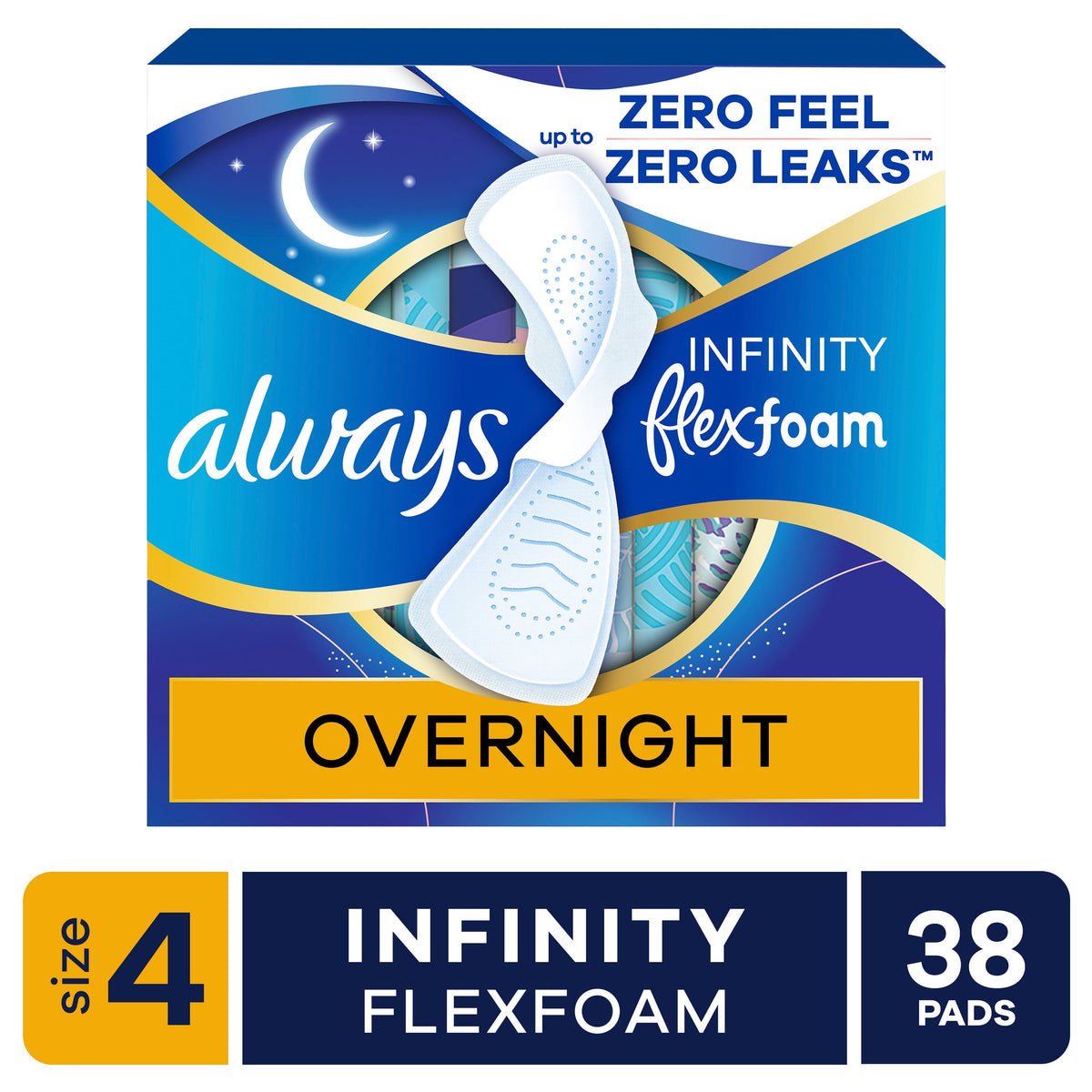 Always Infinity Feminine Pads, Size 4, Overnight, Wings, Unscented, 38 Count