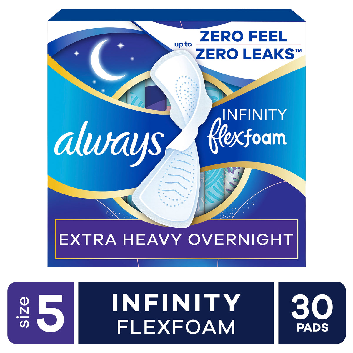 Always Infinity Feminine Pads, Size 5, Extra Heavy Overnight, Wings, Unscented, 30 Count