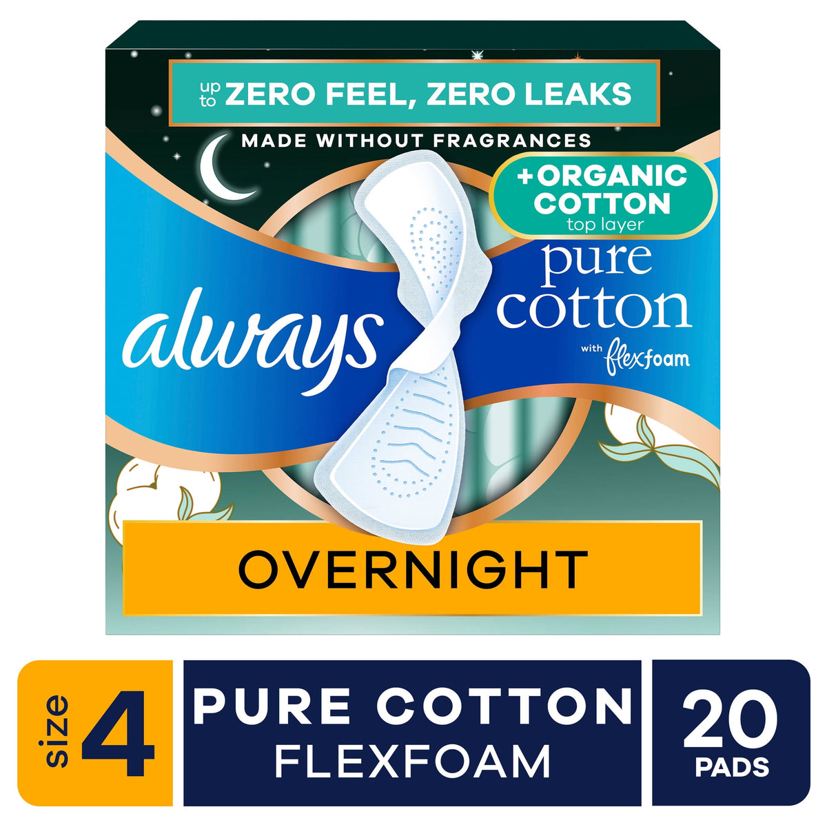 Always Pure Cotton Pads with Organic Top Layer, Size 4 Pads with Wings, Overnight, Heavy Absorbency, 20 Count