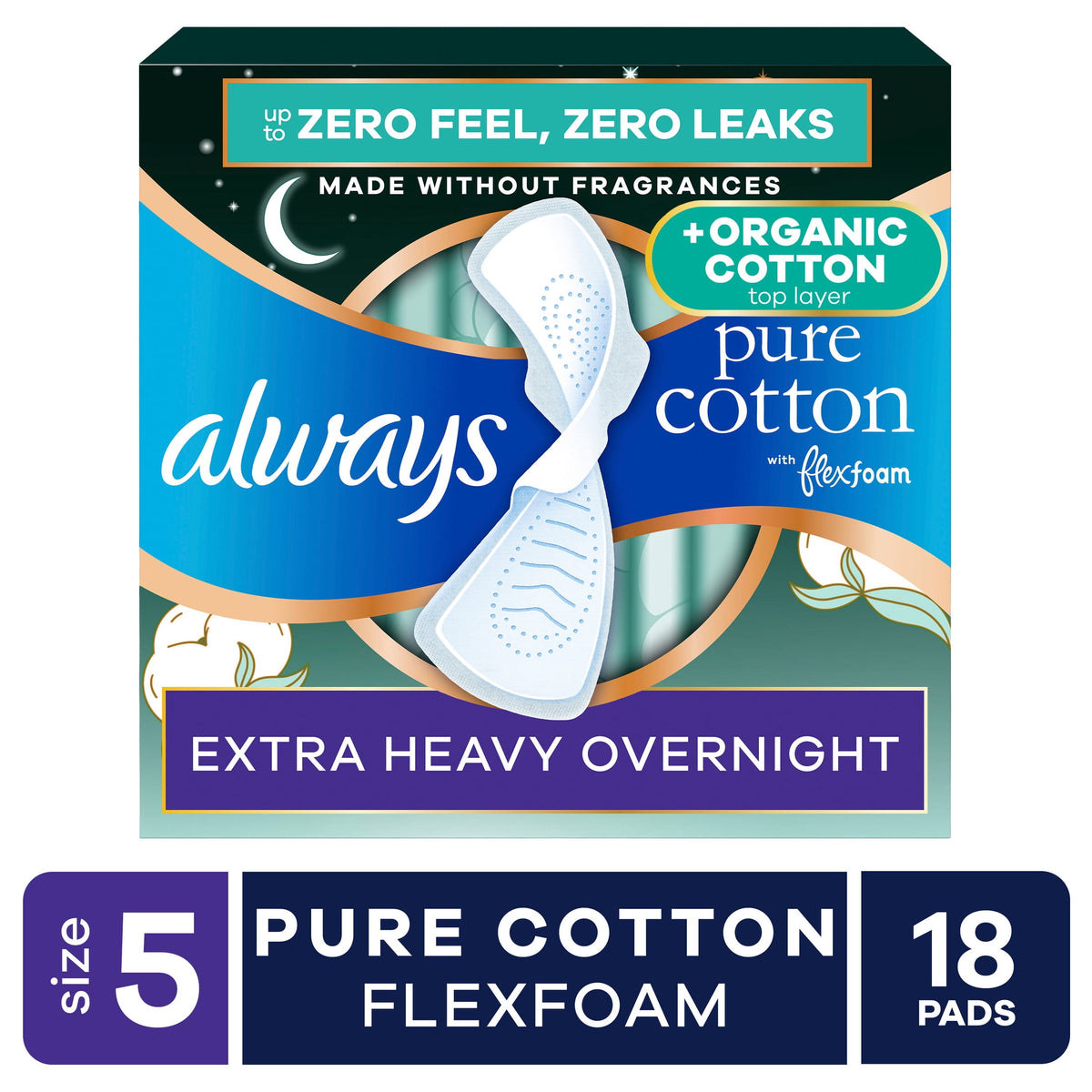 Always Pure Cotton Pads with Organic Top Layer Size 5, Pad with WIngs, Extra Heavy Overnight, 18 Count
