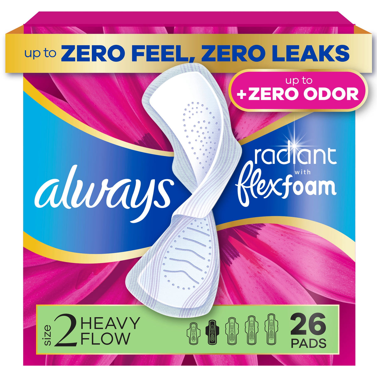 Always Radiant with FlexFoam Pads for Women, Size 2, Heavy Pad with Wings, Scented, 26 Count