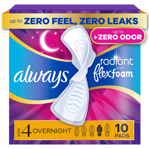Always Radiant with FlexFoam Pads, Size 4, Overnight, Wings, 10 Count