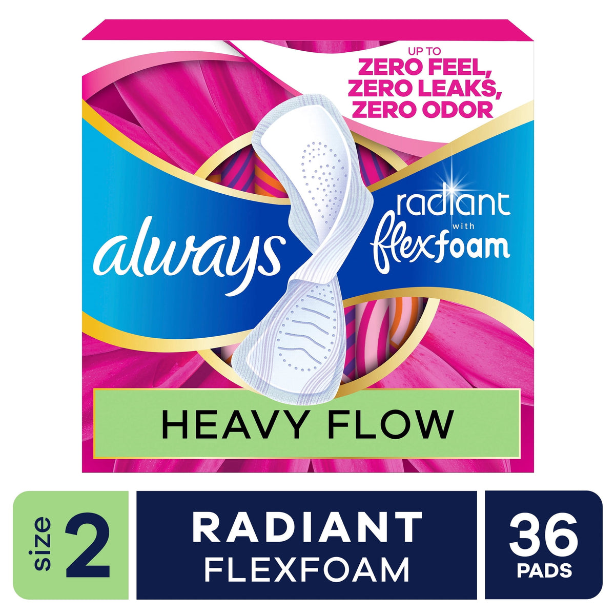Always Radiant with FlexFoam Pads, Size 2, Heavy, Wings, 36 Count