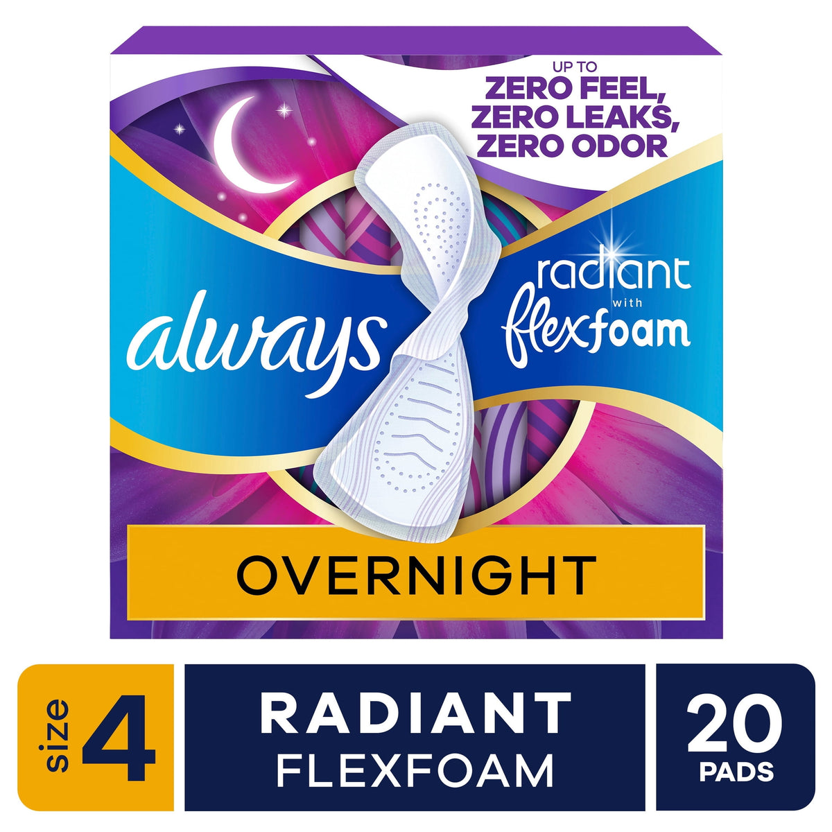 Always Radiant with FlexFoam Pads, Size 4, Overnight, Wings, 20 Count