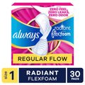 Always Pads, Radiant with FlexFoam Pads with Wings, Size 1, Regular Absorbency, 30 Count