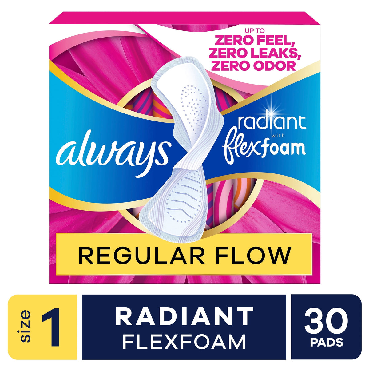 Always Pads, Radiant with FlexFoam Pads with Wings, Size 1, Regular Absorbency, 30 Count