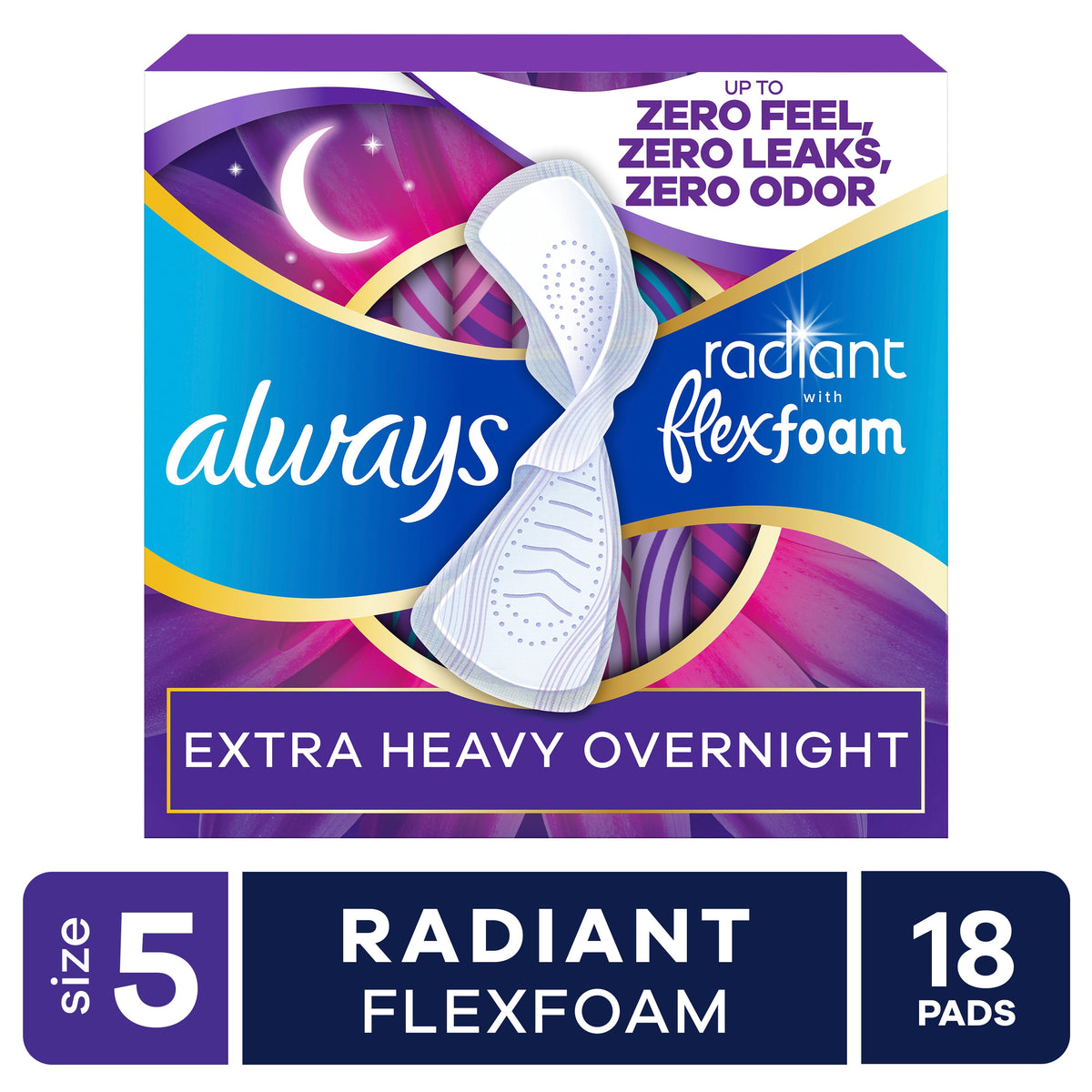 Always Radiant with FlexFoam Pads, Size 5, Extra Heavy Overnight, Wings, 18 Count