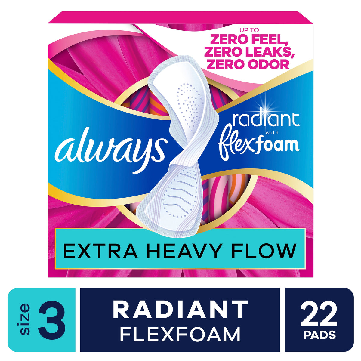 Always Radiant with FlexFoam Pads, Size 3, Extra Heavy, Wings, 22 Count
