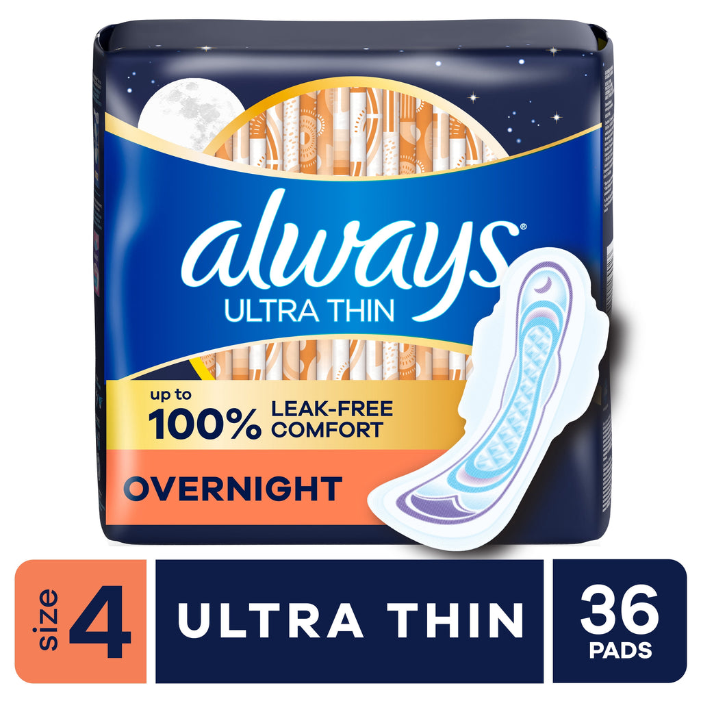 Always Ultra Thin Overnight Pads with Wings, Size 4, Overnight Absorbency, 36 Count
