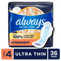 Always Ultra Thin Overnight Pads with Wings, Size 4, Overnight Absorbency, 36 Count