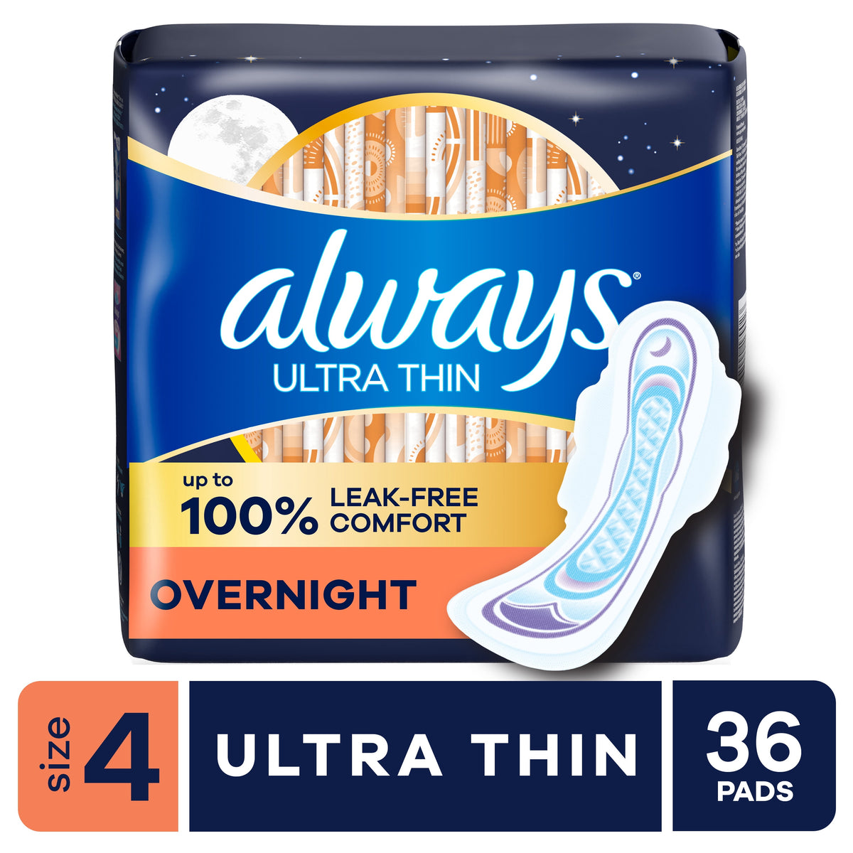 Always Ultra Thin Overnight Pads with Wings, Size 4, Overnight Absorbency, 36 Count