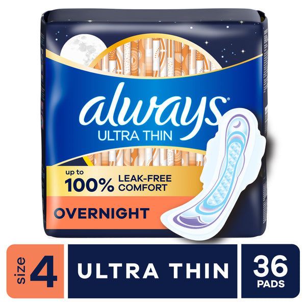 Always Ultra Thin Overnight Pads with Wings, Size 4, Overnight Absorbency, 36 Count
