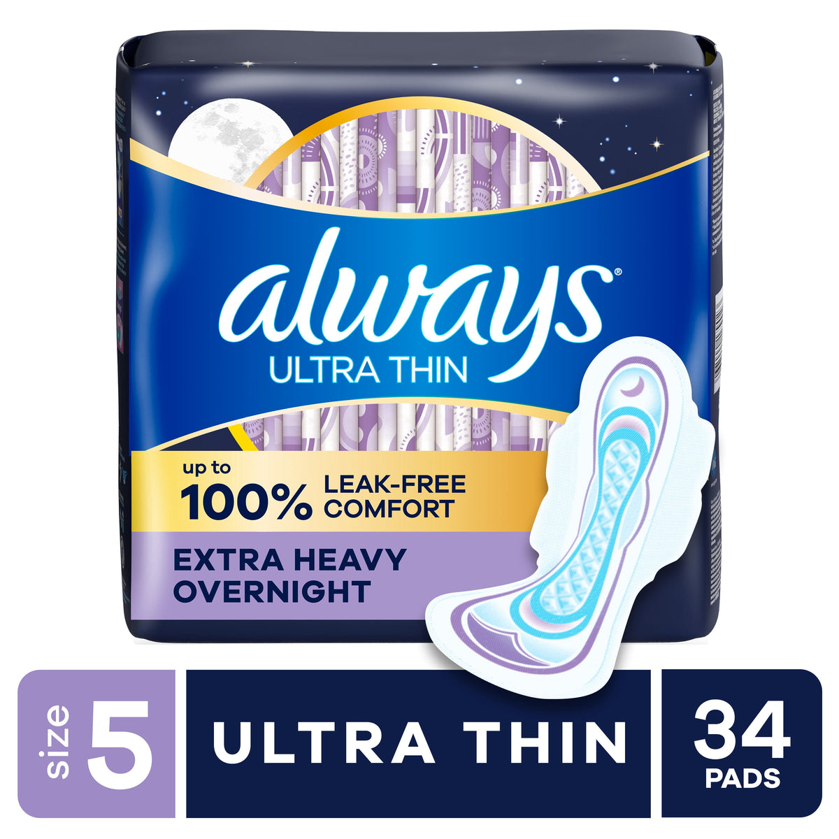 Always Ultra Thin Overnight Pads with Wings, Size 5, Extra Heavy Overnight, 34 Count