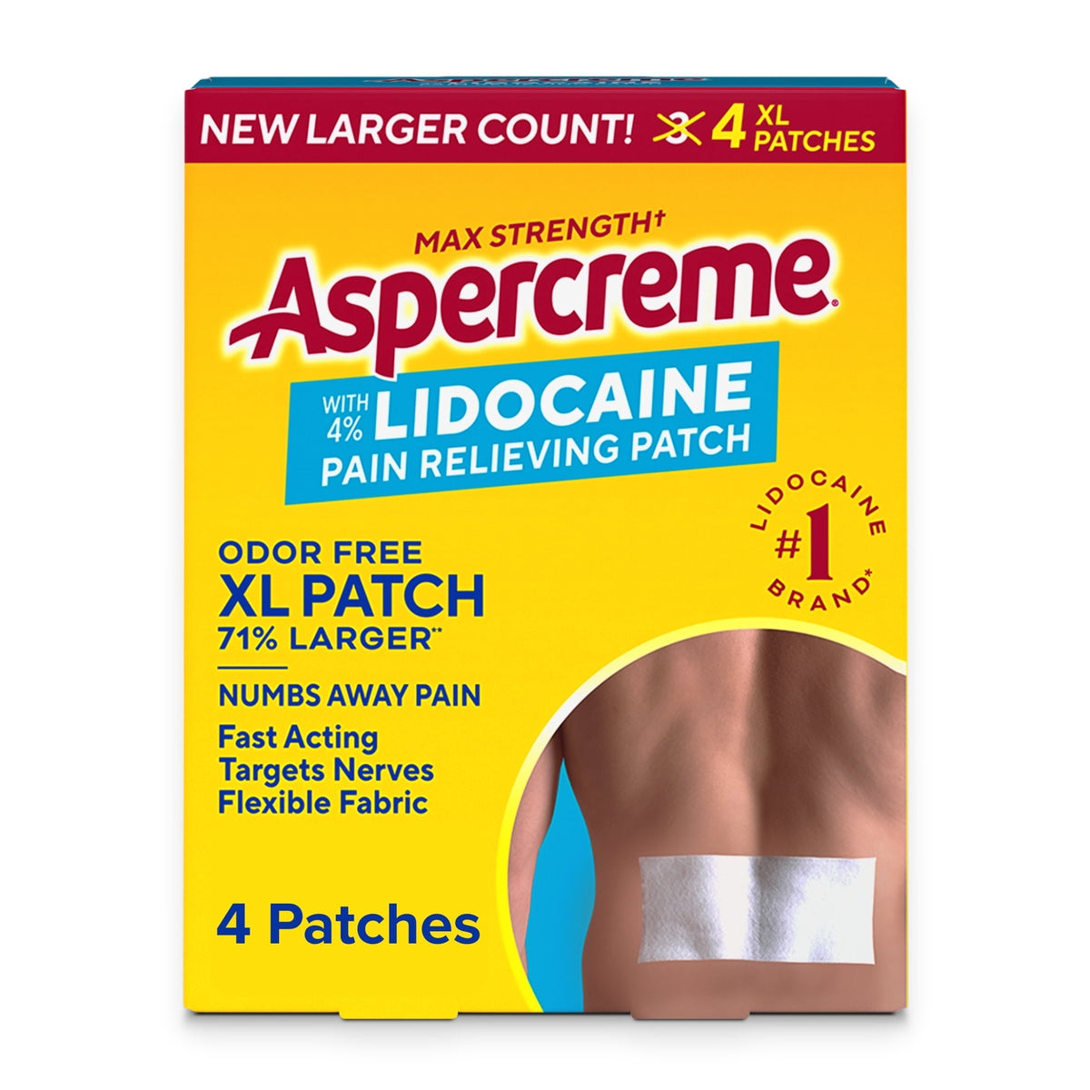 Aspercreme Lidocaine Pain Relief Patch XL for Back, Neck & Shoulder Pain, Topical Patches With Max-Strength 4% Lidocaine & Flexible Fabric Numbs Away