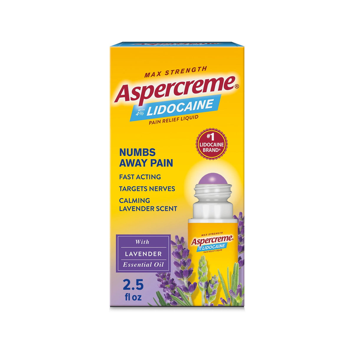 Aspercreme Max Strength Topical Numbing Pain Reliever Roll-on Liquid, 4% Lidocaine, Lavender, 2.5 fl oz