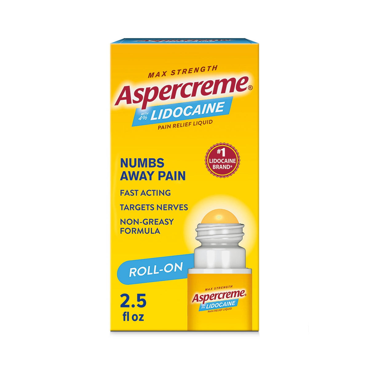 Aspercreme Max Strength Topical Numbing Pain Reliever Roll-on Liquid, 4% Lidocaine, Odor Free, 2.5 fl oz