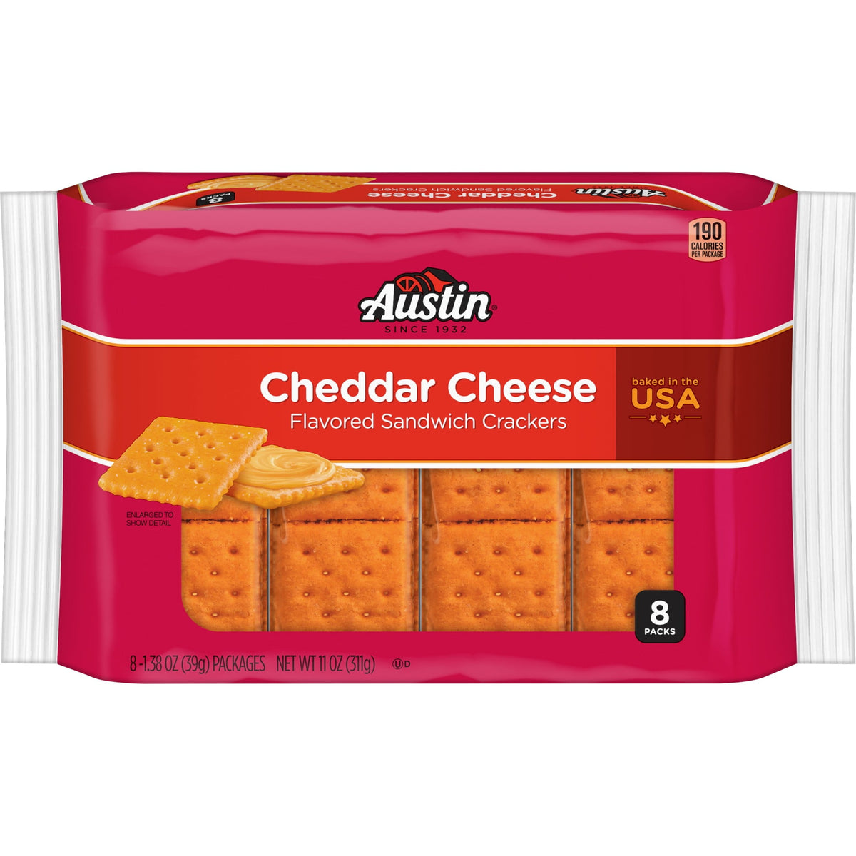 Austin Cheddar Cheese Flavored Sandwich Crackers, Lunch Snacks, 8 Count