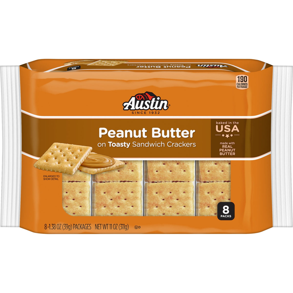 Austin Peanut Butter On Toasty Sandwich Crackers, Lunch Snacks, 8 Count