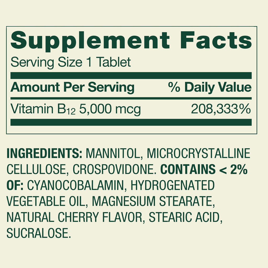Spring Valley Extra Strength Vitamin B12 Supplement, Cherry, 5000 mcg, 300 Count, Fast Dissolve Tablets for Metabolism Support