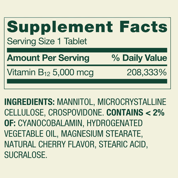 Spring Valley Extra Strength Vitamin B12 Supplement, Cherry, 5000 mcg, 300 Count, Fast Dissolve Tablets for Metabolism Support