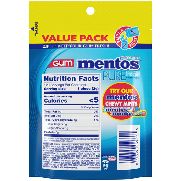 Mentos Pure Fresh Sugar-Free Fresh Mint Xylitol Chewing Gum, 120 Count Resealable Bag