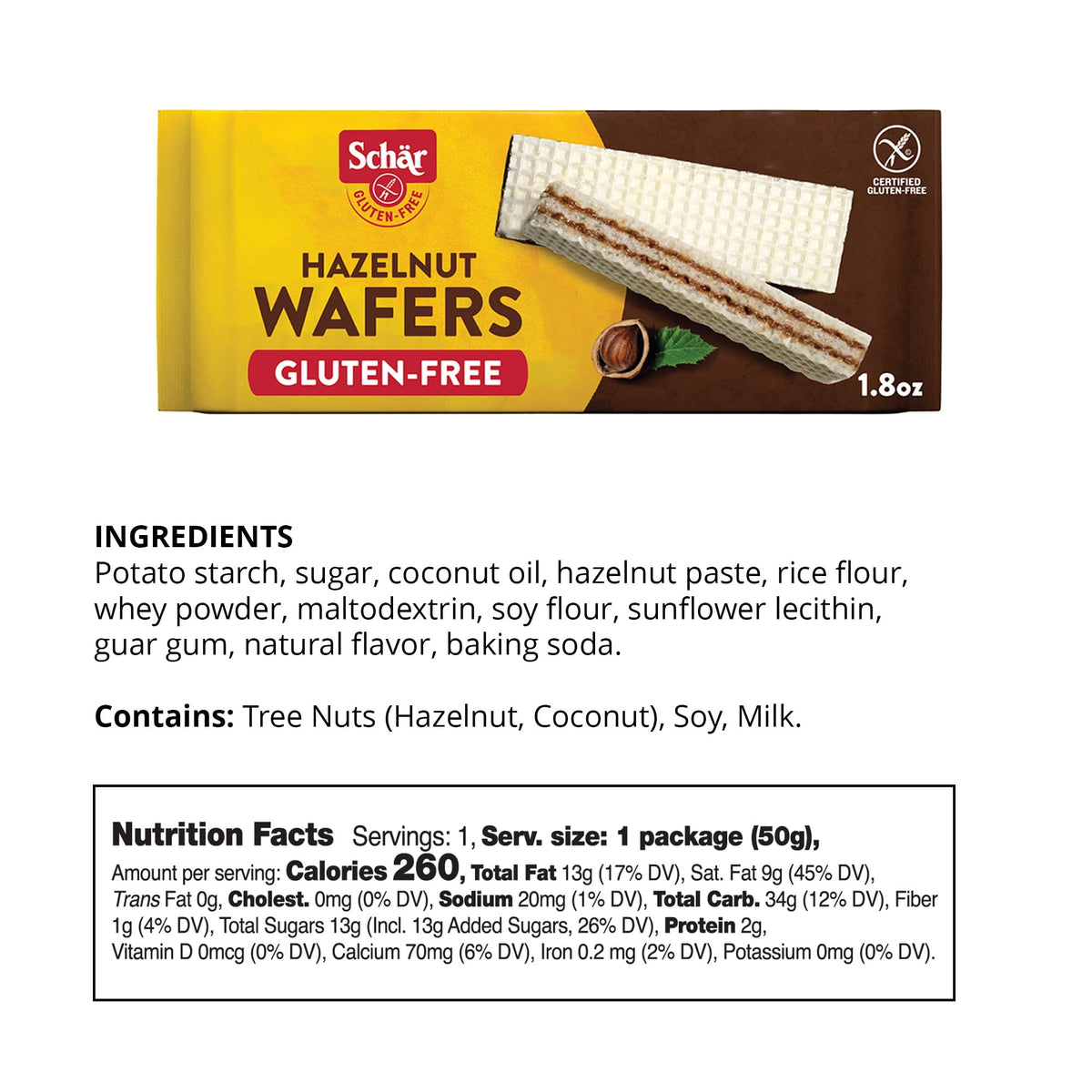 Schar Gluten-Free Hazelnut Wafers Cookies, Foil-Sealed Bag, 1.8oz