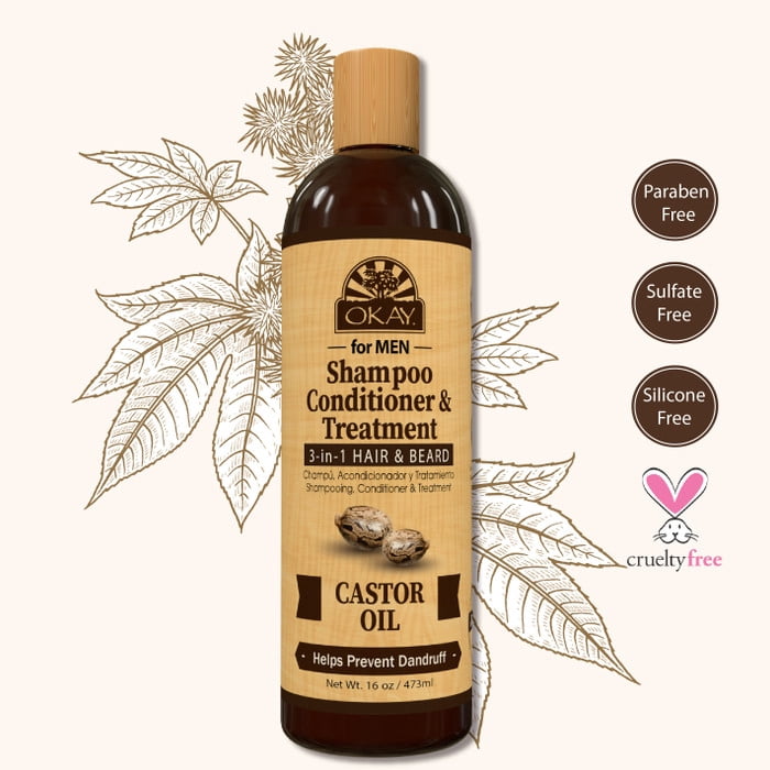 OKAY MEN Castor Oil Beard and Hair 3 in 1 Shampoo, Conditioner, Dandruff Treatment 16oz