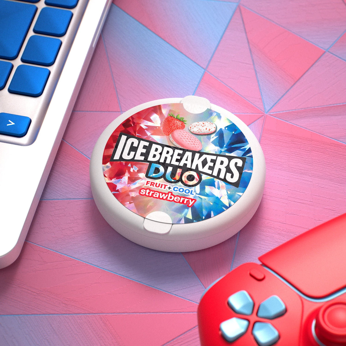 Ice Breakers Duo Fruit Plus Cool Strawberry Sugar Free Mints, Tin 1.3 oz
