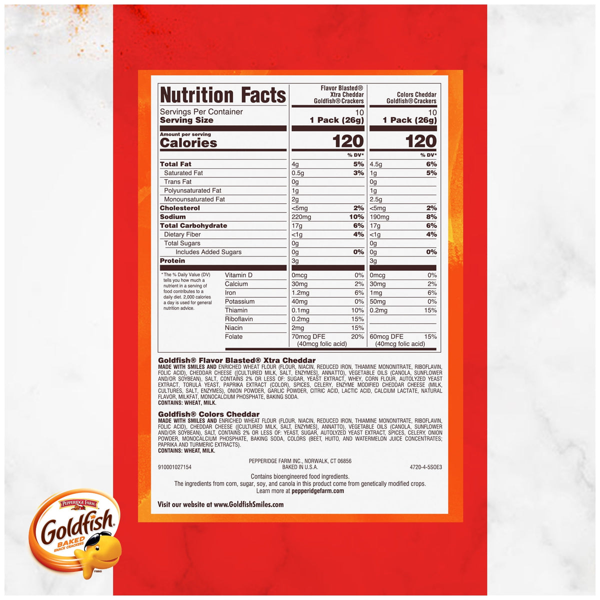Goldfish Dynamic Duo Colors Crackers, Cheddar & Flavor Blasted Xtra Cheddar Snack Pack, 0.9 oz, 20-Count Variety Pack Box
