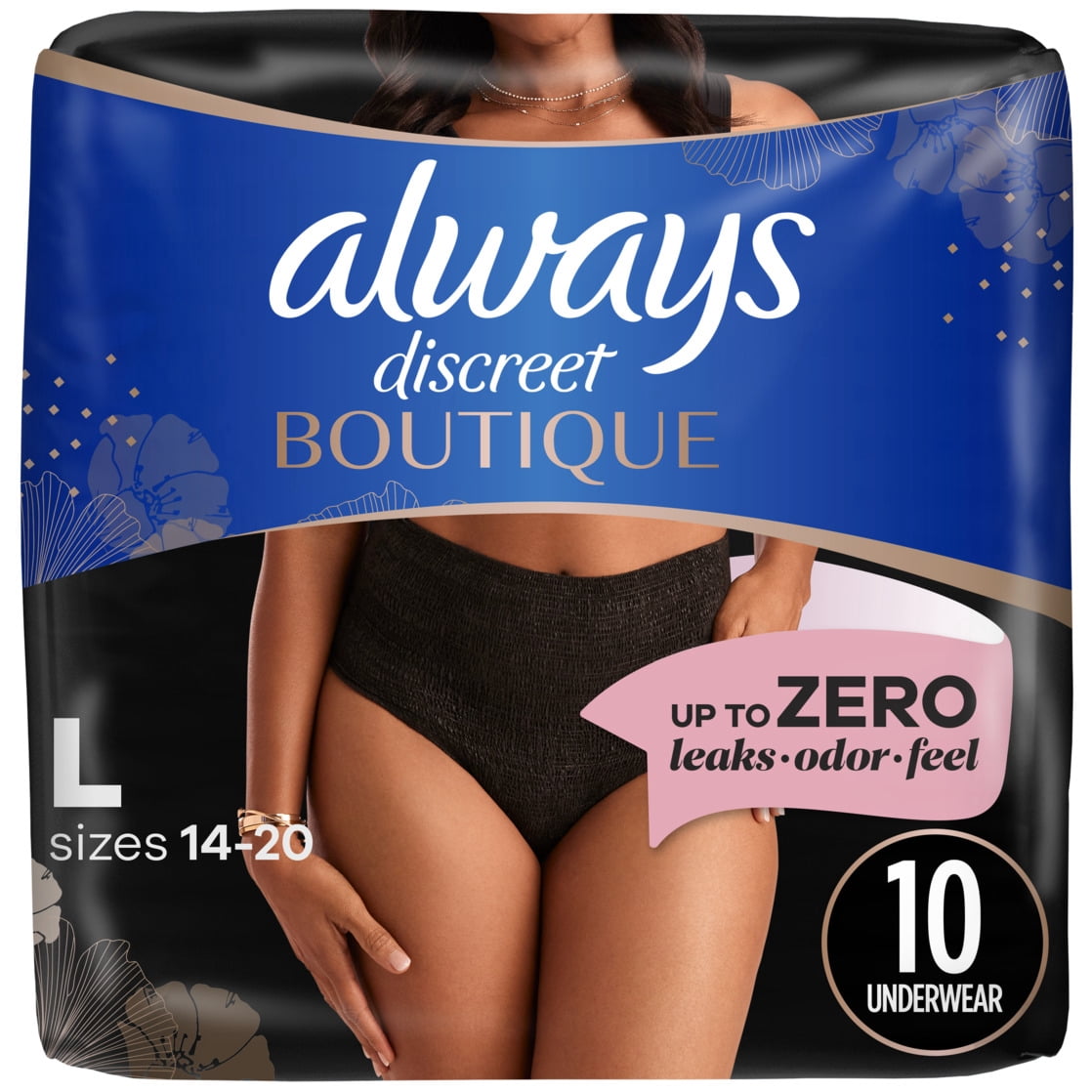 Always Discreet Boutique Incontinence Underwear, Maximum Protection, L, Black, 10 Count