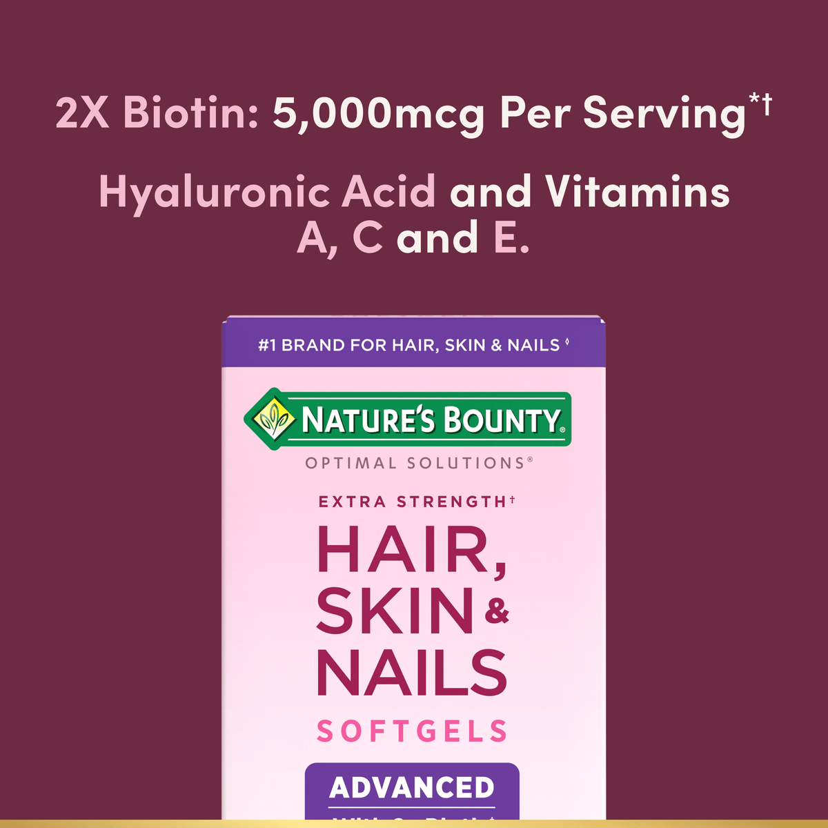 Nature's Bounty Optimal Solutions Advanced Hair, Skin and Nail Biotin & Vitamins A, C, & E, Women's Multivitamin, Softgels, 120 Ct
