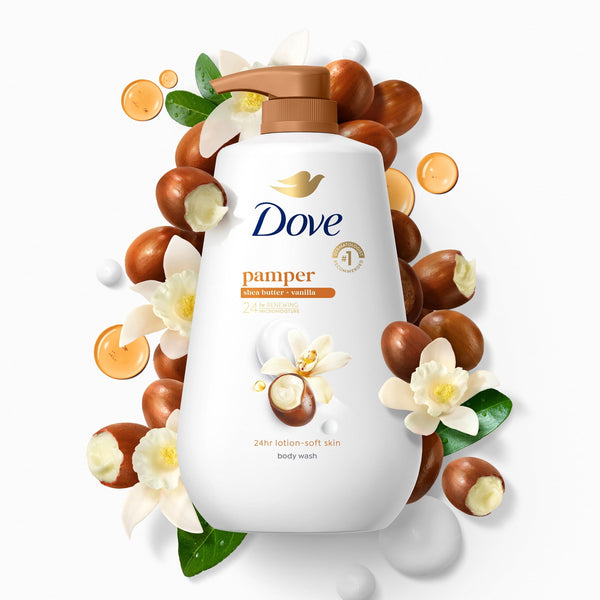 Dove Body Wash With Pump For 24hr Lotion-Soft Skin Pamper Shea Butter & Vanilla Moisturizing Skin Cleanser With No Sulfates No Parabens ,30.6 fl oz
