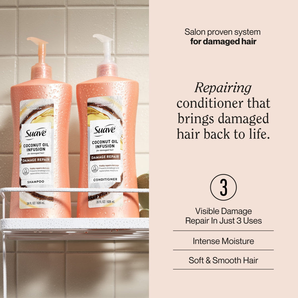 Suave Coconut Oil Infusion Conditioner for Damaged Hair, Over-Processed, Color-Treated Hair, Restores Softness and Shine, 28 fl oz